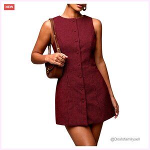 Plaid Button Down Mini Dress Sleeveless Tie Back Office Work